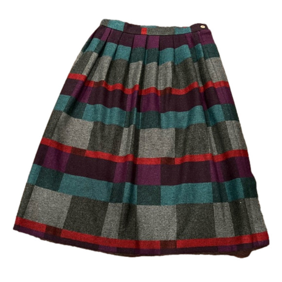 Vintage Victoire Petites Wool Pleated Plaid Midi Skirt - Size 10 - Picture 1 of 8